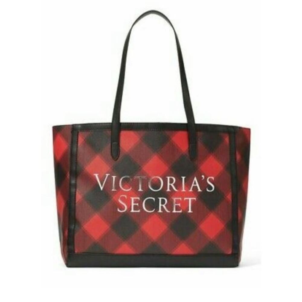 Victorias Secret Tote Bag Holiday Christmas Black & Red Plaid Large NWT